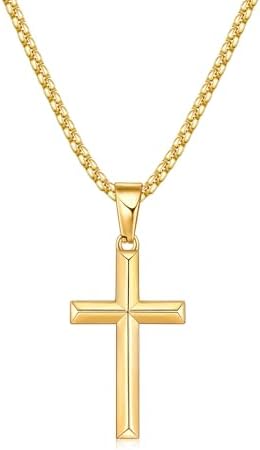 14K Gold Plated Beveled Edge Small Cross Necklace for Men, 20 Inches