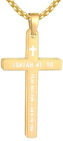 14K Gold Plated Cross Necklace for Men, ISAIAH 41:10