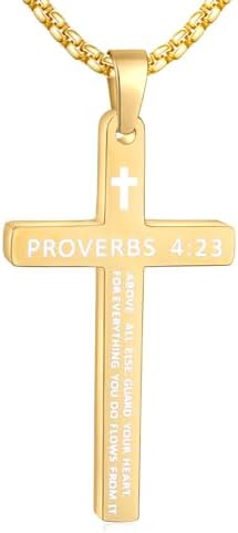 14K Gold Plated Cross Necklace for Men, PROVERBS 4:23