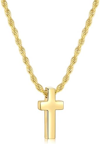 14K Gold Plated Cross Necklace for Men, Tiny Rope Chain 24 Inch