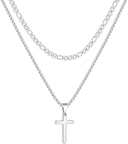2 Pcs Cross Necklace Chain for Men, Silver Tone Chain 18-20"