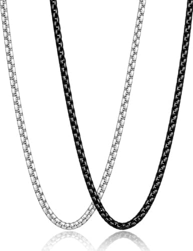 2pcs 2.5mm Black & Sliver Tone Box Chain for Men, 24 Inches