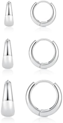 3-Pair Silver Tone Chunky Huggie Hoop Earrings Set for Women