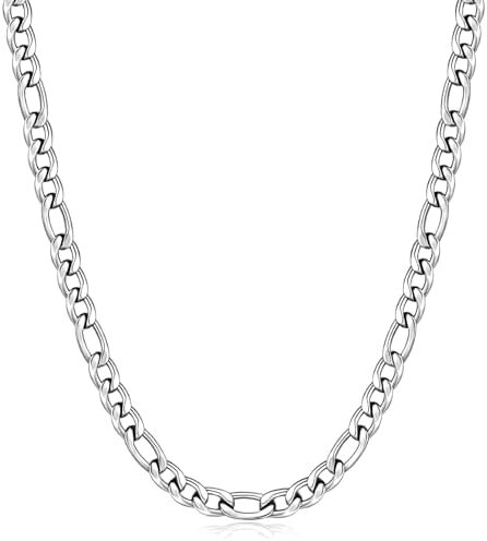 5mm Silver Tone Figaro Chain Necklace for Men, 20 Inch