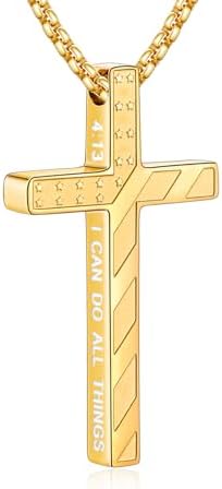 Cross Necklace for Men, 18" Golden Engraved Cross Pendant