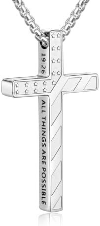 Cross Necklace for Men, 18" Silver Engraved Cross Pendant