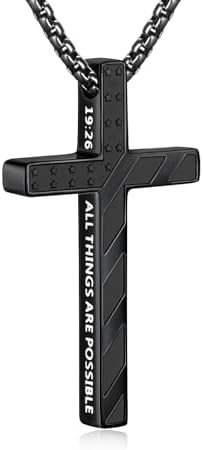 Cross Necklace for Men, 22" Black Engraved Cross Pendant