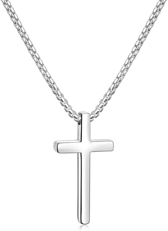 Silver Cross Necklace for Men, Small Stainless Steel Pendant 26 Inch
