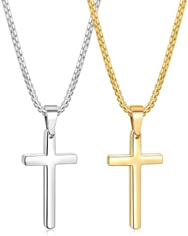 Silver Tone & 14k Gold Plated Cross Necklace for Men, 2.5 mm 18"