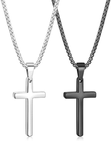 Silver Tone & Black Cross Necklace for Men, 2.5 mm 24" small pendant