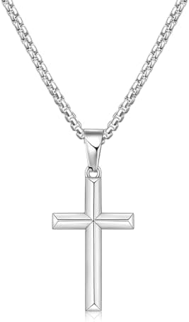 Silver Tone Beveled Edge Small Cross Necklace for Men, 20 Inches