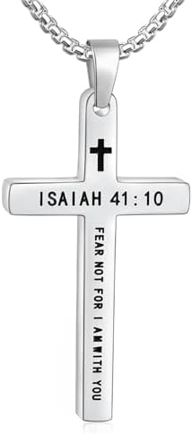 Silver Tone Cross Necklace for Men, ISAIAH 41:10