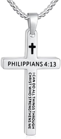 Silver Tone Cross Necklace for Men, PHILIPPIANS 4:13, 22"