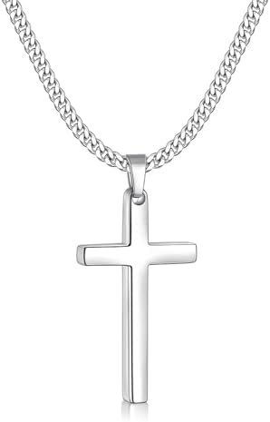Silver Tone Cross Necklaces for Men, Medium Pendant